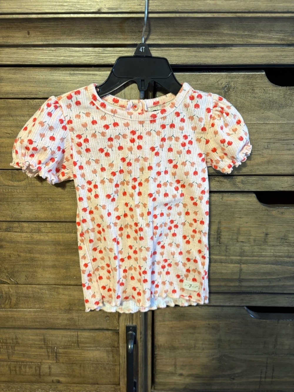 7 For All Mankind Girls 4T Cherry Print Top Puff Sleeve Ribbed Tee Back Button - Picture 2 of 5